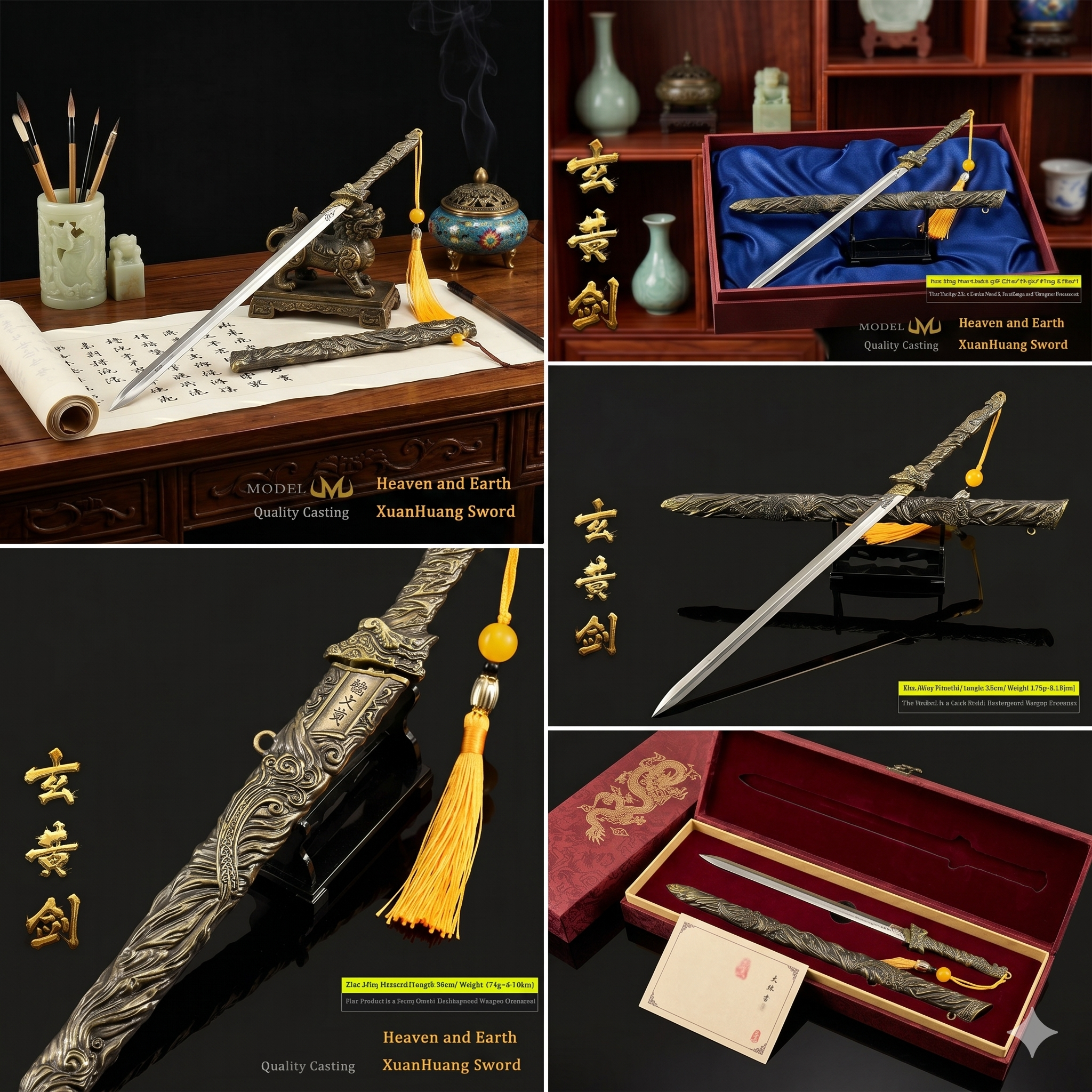 Imperial Octagonal Han Sword | 30CM Obsidian Black & Gold Desk Ornament